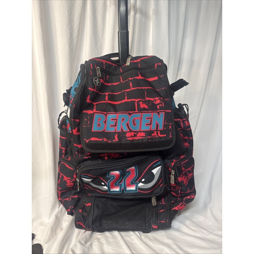 Boombah Rolling Backpack Travel Bat Bag Custom Graphic Bergen 22 Black Teal Red
